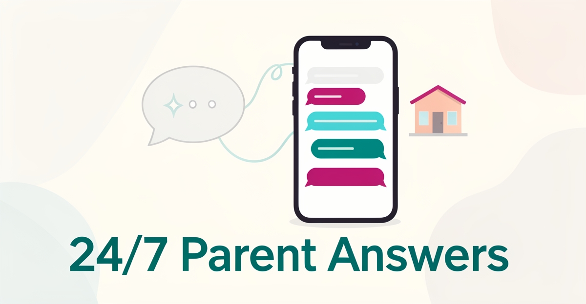 Flat illustration of an AI chatbot connected to a smartphone with chat bubbles and a daycare building, accented in teal and magenta.