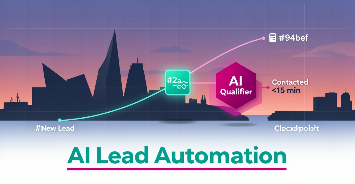 Halifax skyline with AI workflow showing lead qualification in under 15 minutes using brand teal and magenta accents.