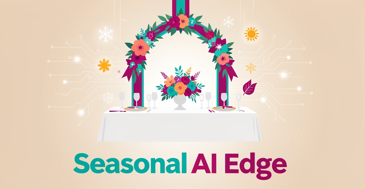 Flat illustration of an elegant event table with AI circuit motifs and seasonal icons in teal and magenta, headlined Seasonal AI Edge.