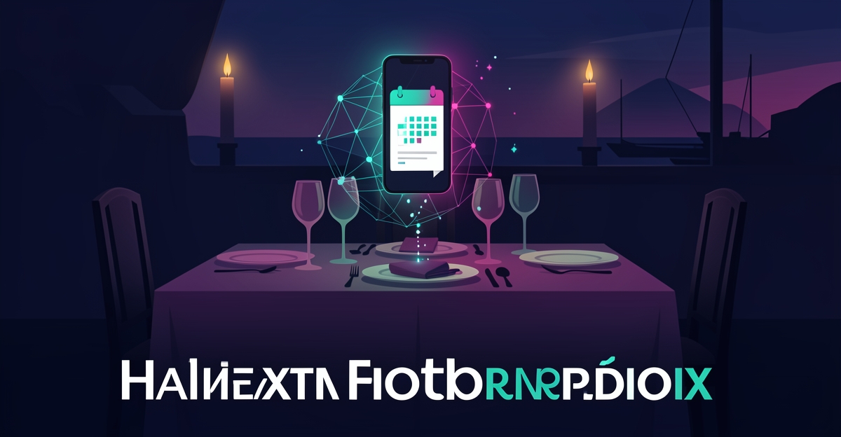 Flat illustration of an elegant restaurant table with a glowing AI booking icon, symbolizing AI-powered reservations for Halifax fine dining.