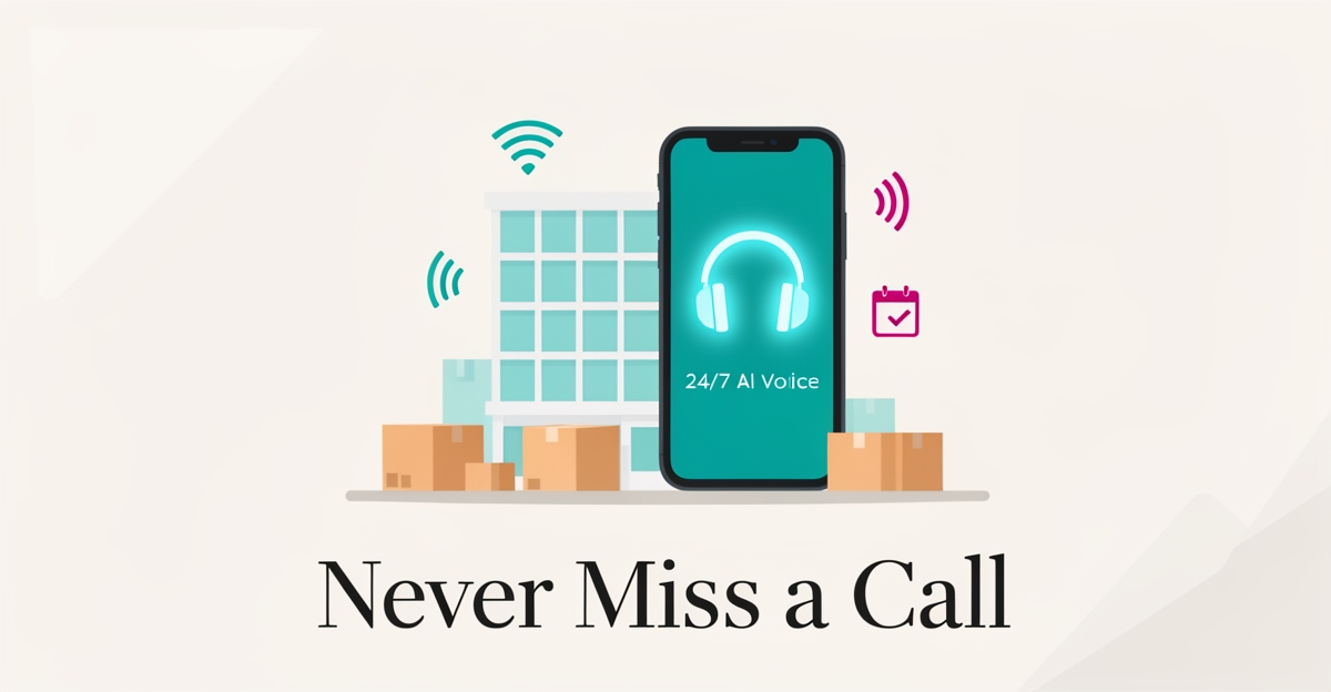 Flat illustration of a smartphone with AI headset icon beside an office building and moving boxes, symbolizing 24/7 AI call answering for relocation firms.
