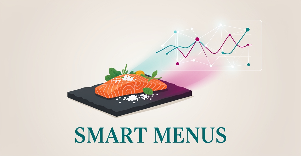 Flat illustration of a plated gourmet dish beside abstract AI interface elements in teal and magenta, with 'Smart Menus' headline.