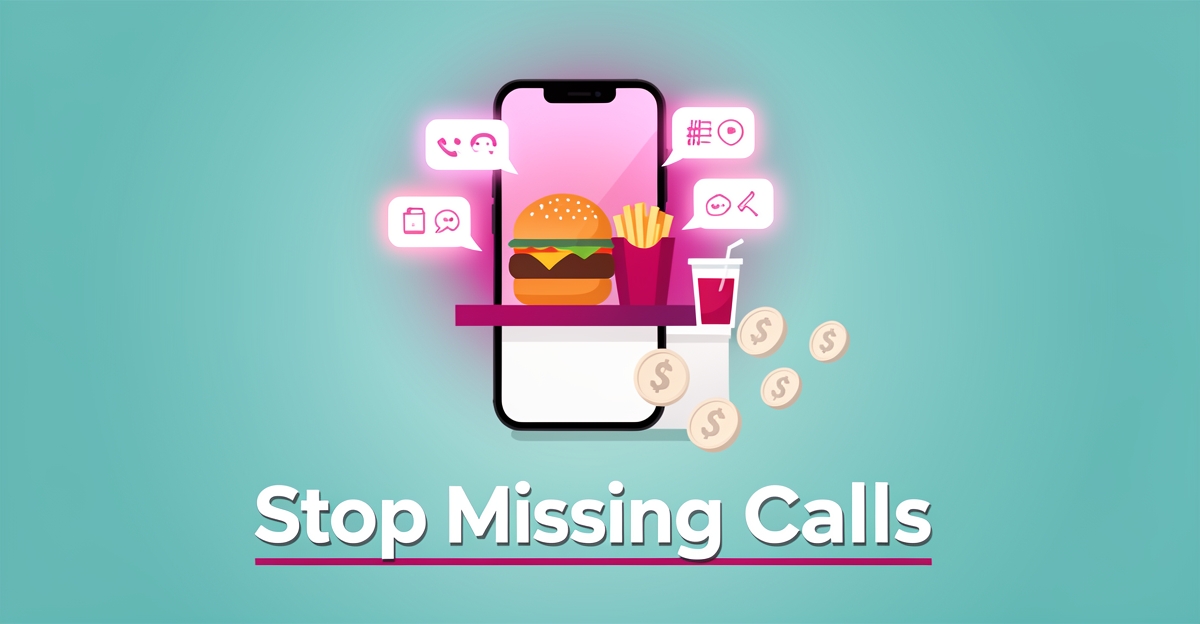 Flat illustration of a smartphone capturing missed call notifications above a fast-food counter, symbolizing AI phone agents recovering lost restaurant revenue.