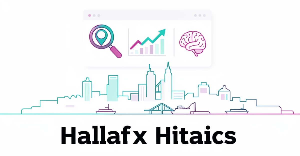 A minimalist flat illustration of SEO analytics and AI symbols over a Halifax-inspired skyline, with a bold headline in the lower third reading 'AI-Powered Local SEO'.