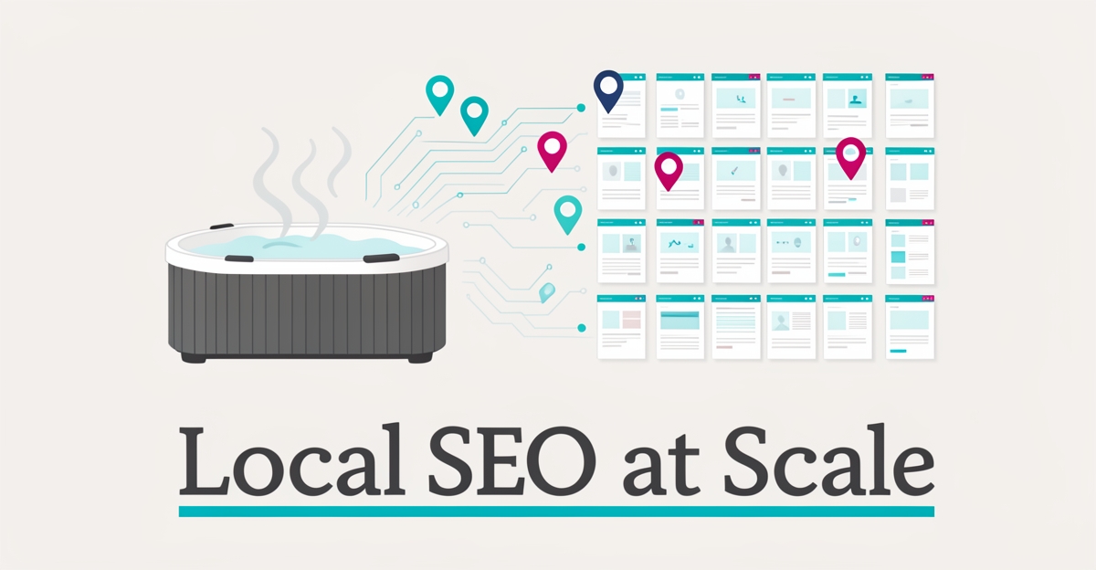 Flat illustration of a hot tub linked to location pins and webpage cards representing AI-generated local SEO pages.