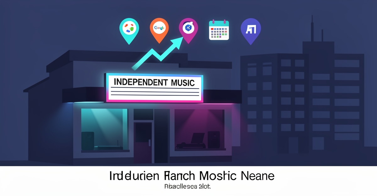 Flat illustration of an independent music venue outshining a chain with search icons and rising ranking arrows.