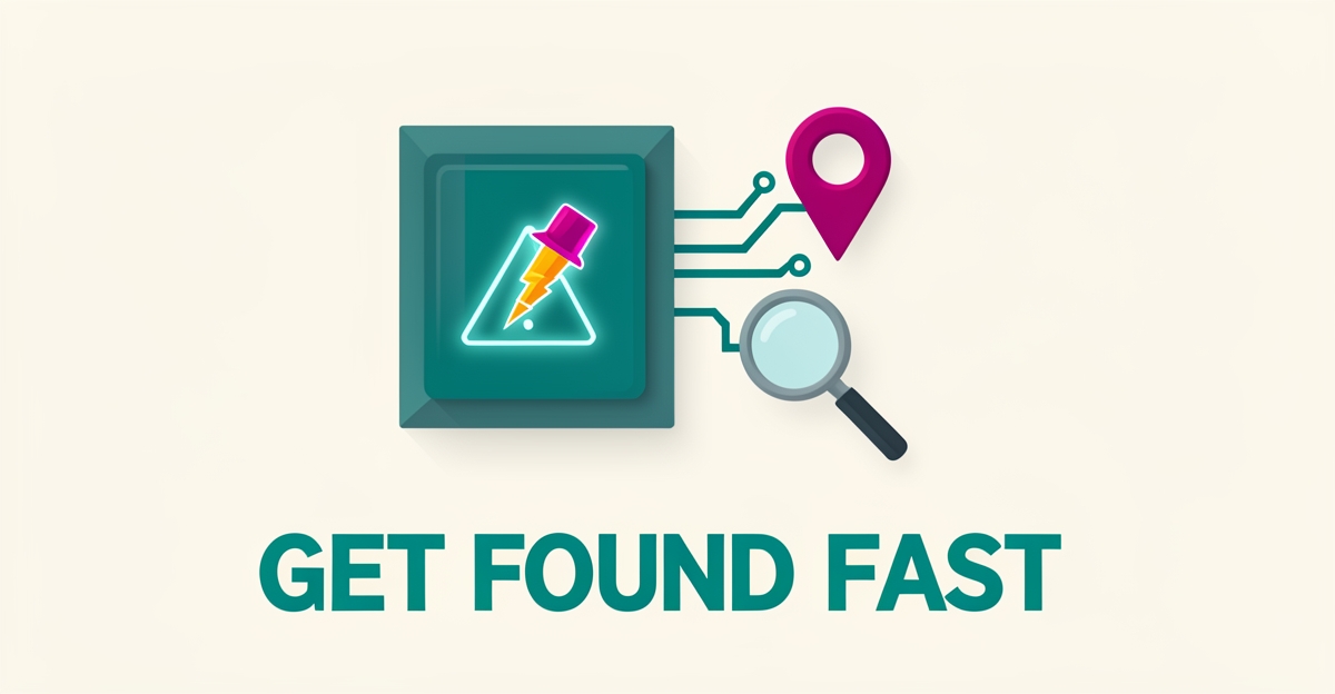 Flat illustration of an electrical panel linked to a location pin and search icon, symbolizing emergency electrical repair visibility in local AI search.