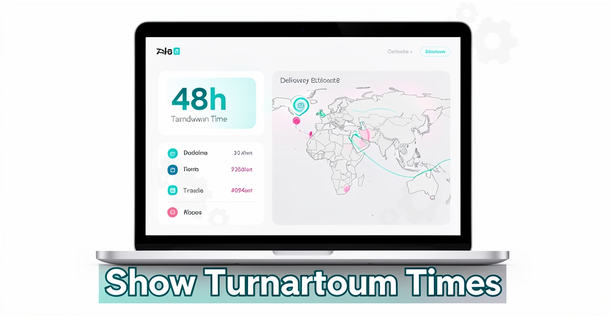 A minimalist flat illustration of a laptop displaying real-time industrial turnaround time metrics with regional delivery estimates, using brand colors #2aabb6 and #d946ef as accents, no people or text overload.