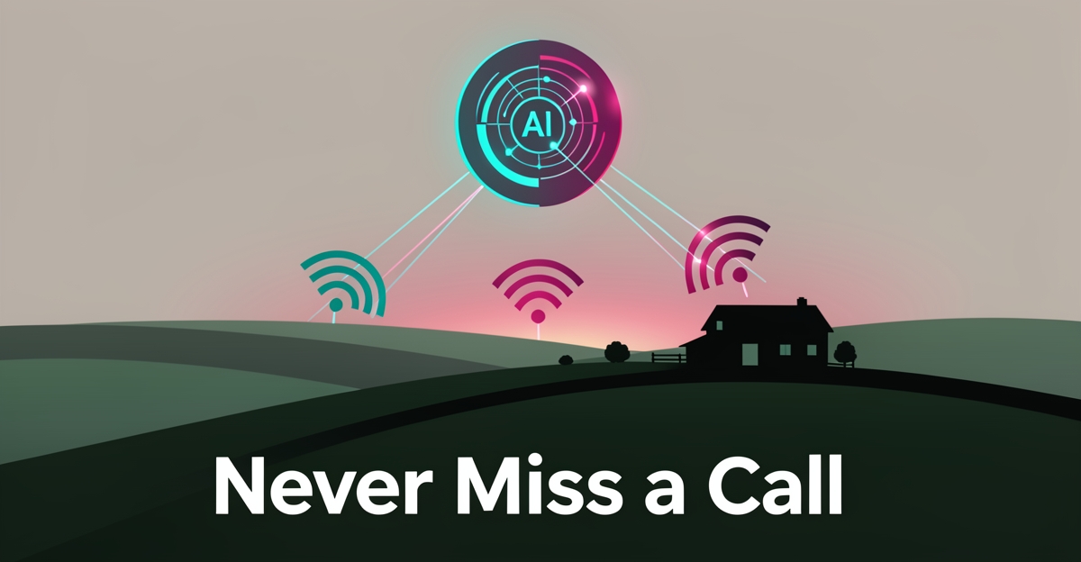 Flat illustration of rural farmland at dusk with glowing AI signal waves connecting a farmhouse to a voice agent node, headlined Never Miss a Call.