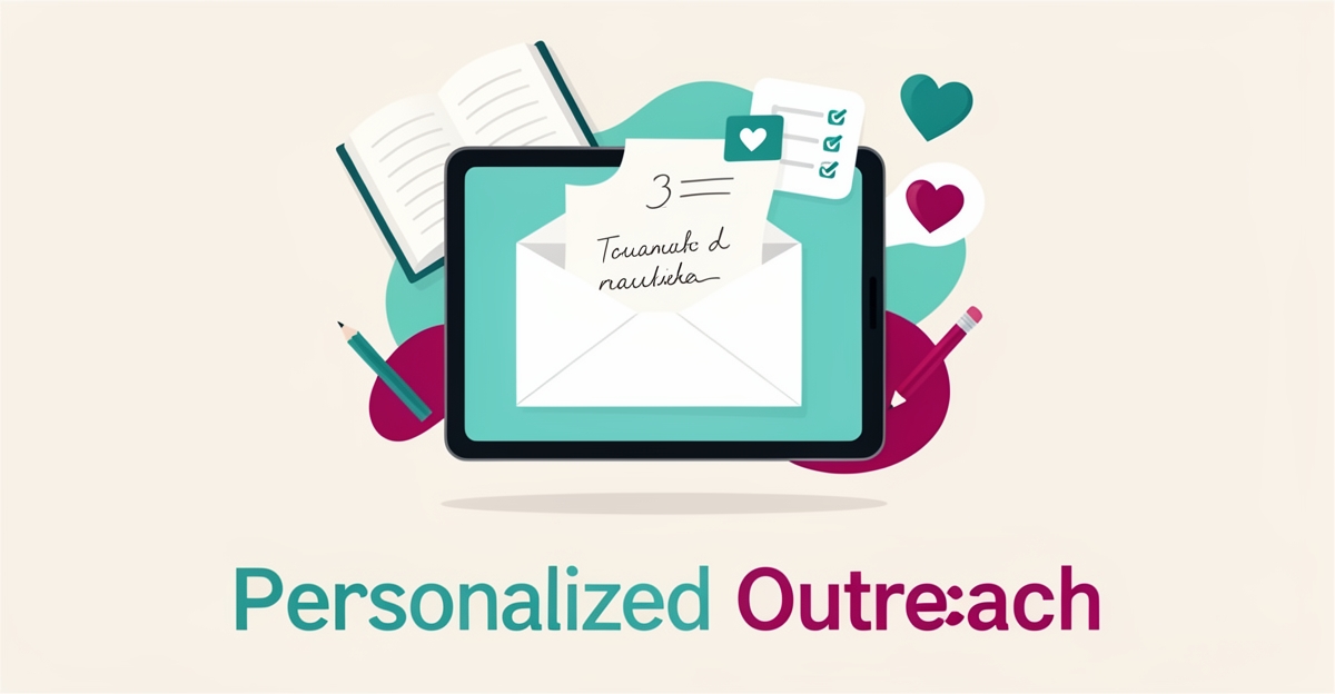 Flat illustration of a personalized email emerging from a tablet with teal and magenta accents, symbolizing AI-driven outreach for learning disability centers.