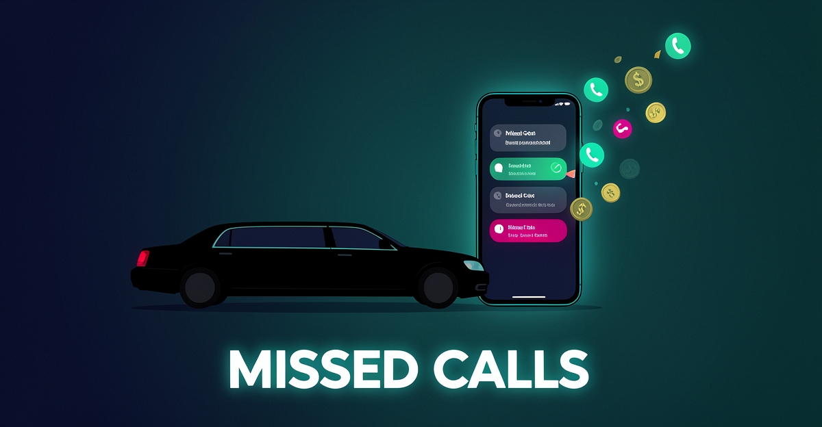 Flat illustration of a limousine beside a smartphone with missed call notifications and dissolving coins, symbolizing lost revenue, with headline text Missed Calls.