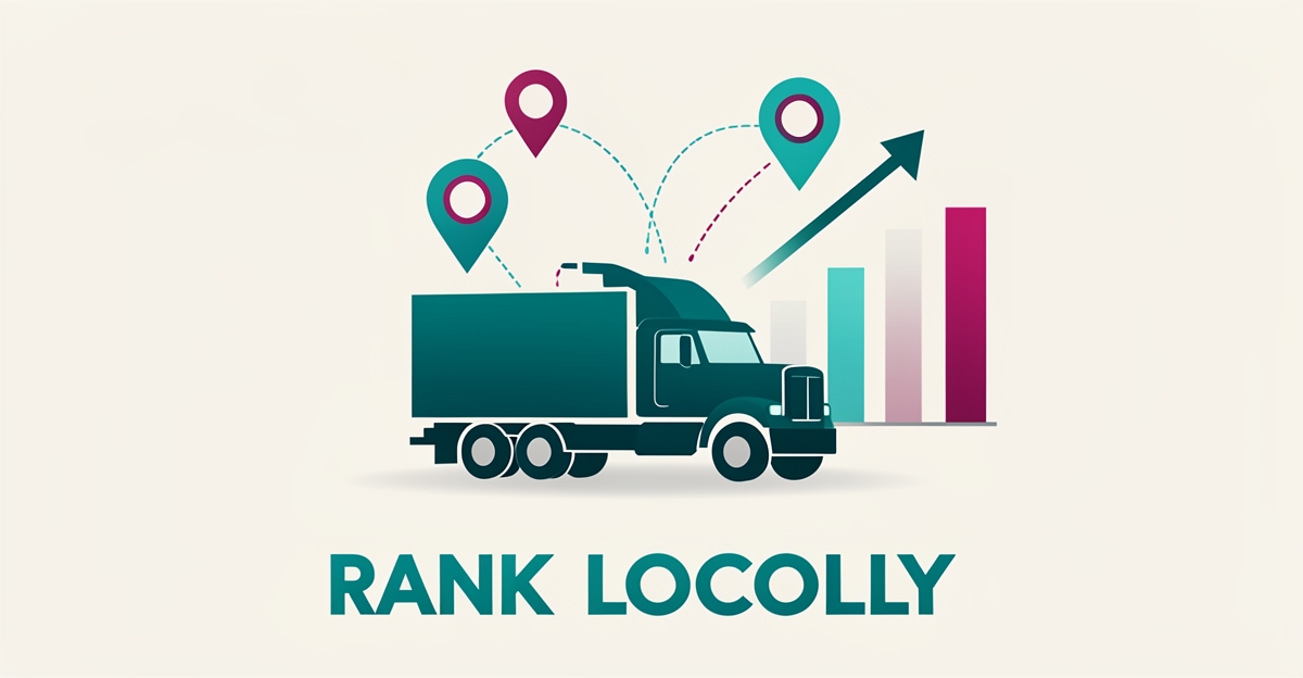 Flat illustration of a truck with map pins and a rising search ranking chart in teal and magenta, symbolizing local search dominance for mobile fleet mechanics.