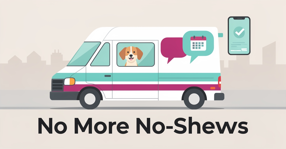 Flat illustration of a mobile pet grooming van by the Halifax waterfront with a smartphone chat icon, accented in teal and magenta, headlined No More No-Shows.