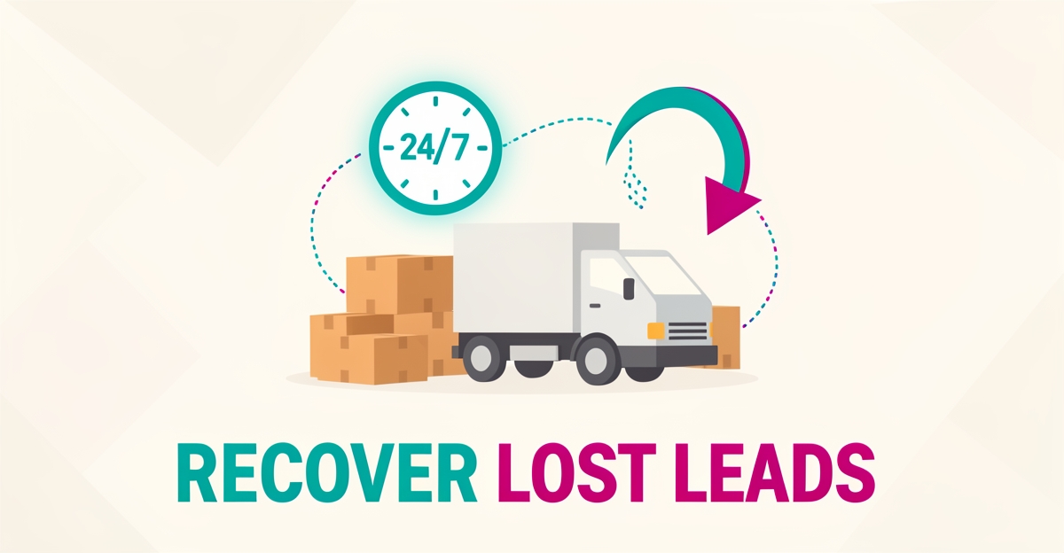 Flat illustration of a moving truck, boxes, and a 24/7 clock connected by looping arrows, symbolizing AI-powered lead recovery for moving companies.