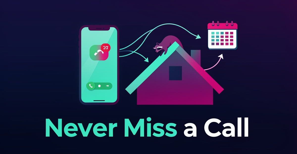 Flat illustration of a glowing smartphone capturing an after-hours emergency call beside a house with wildlife at the attic, linked to booking and dispatch icons in teal and magenta.