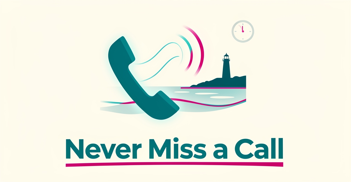 Flat illustration of a glowing telephone connecting to a Nova Scotia coastal lighthouse scene, symbolizing 24/7 AI call answering for care communities.