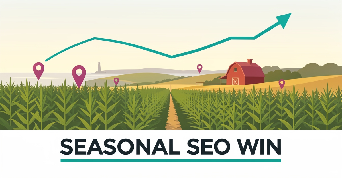 Flat illustration of a Nova Scotia coastal hemp field at harvest with a rising teal search-trend line and headline Seasonal SEO Win.
