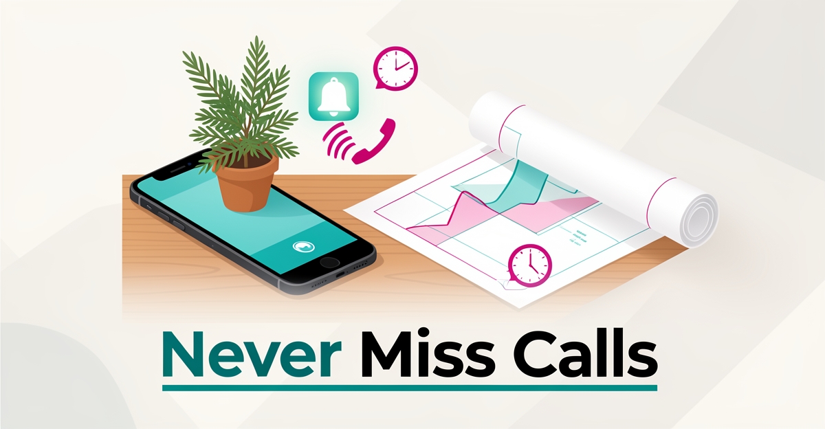 Flat illustration of a smartphone with AI call notification and landscape blueprint, headline Never Miss Calls in teal and magenta accents.