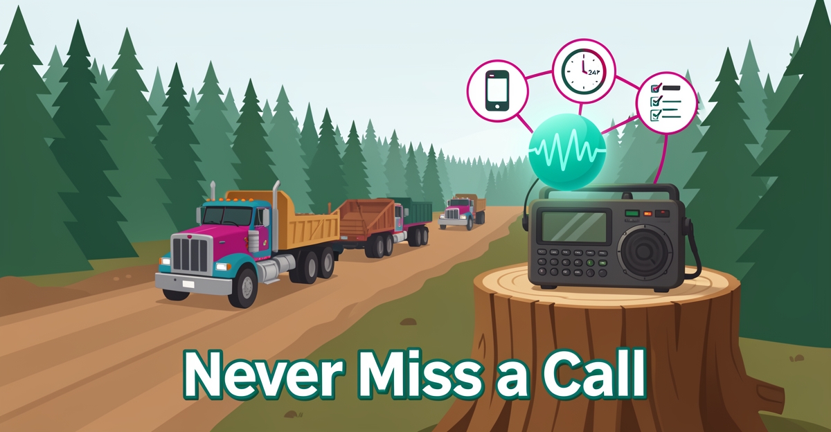 Logging site with AI voice agent orb capturing calls 24/7, teal and magenta accents, headline Never Miss a Call.