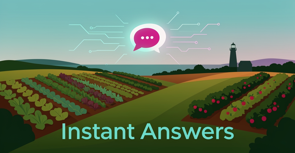 Flat illustration of a Nova Scotia organic farm with crops and coastline, accented by AI chat elements in teal and magenta.