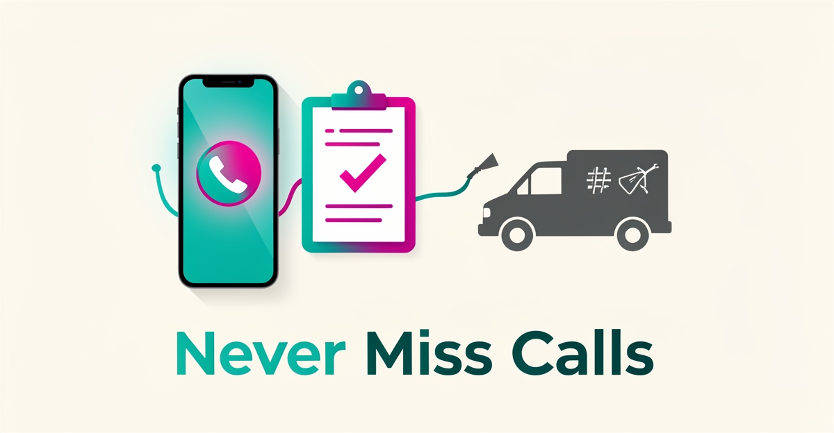 Flat illustration of a smartphone call converting into a booked pest inspection, accented in teal and magenta with headline Never Miss Calls.