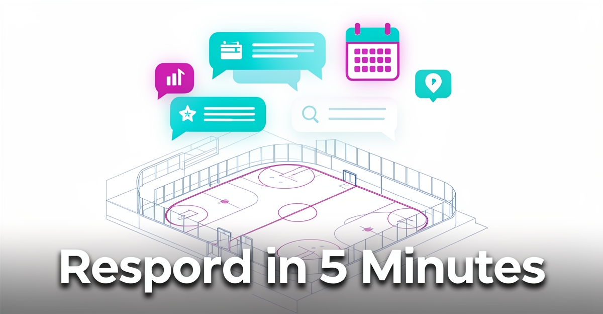 A minimalist flat illustration showing an AI assistant managing lead follow-ups for sports facilities, with the headline 'Respond in 5 Minutes' in the lower third as a designed overlay.