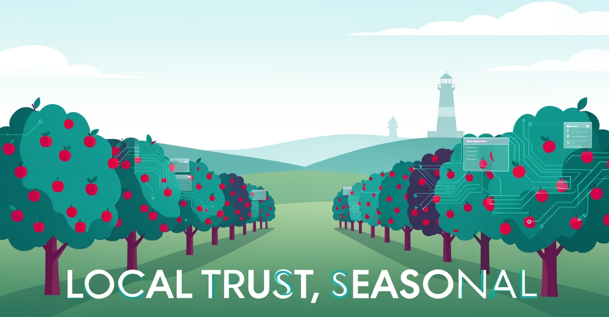Flat illustration of a Halifax apple orchard at harvest with teal and magenta AI-themed accents and a headline reading Local Trust, Seasonal.