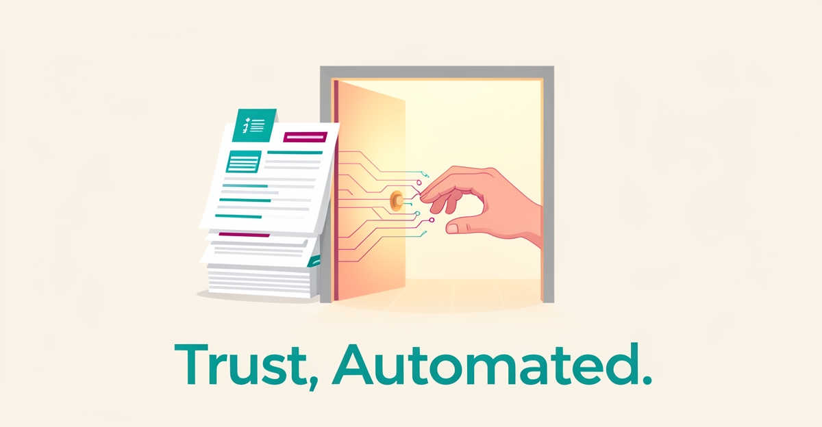 Flat illustration of AI streamlining recovery center intake paperwork to free staff for human connection, with teal and magenta accents.