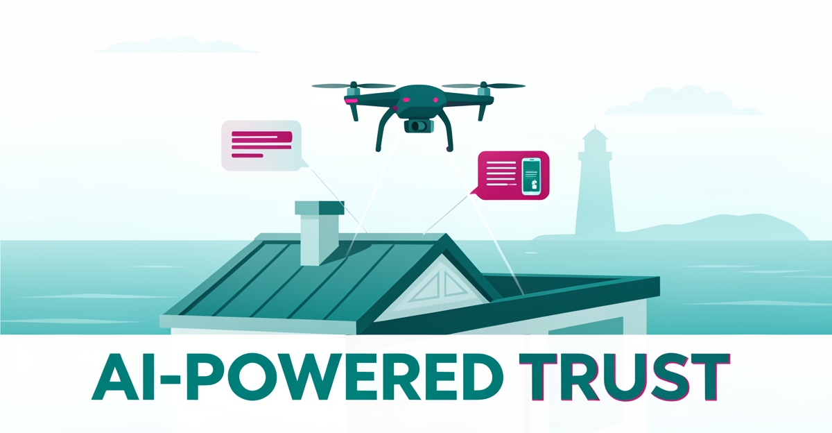 Flat illustration of a drone inspecting a coastal Nova Scotia rooftop with digital follow-up notifications, symbolizing AI-powered trust building.