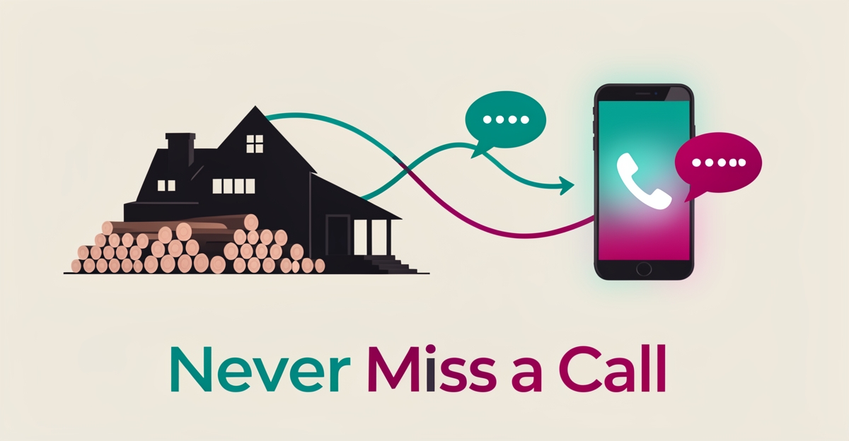 Flat illustration of a sawmill with timber logs linked to a smartphone and call icons, symbolizing AI call handling, with headline Never Miss a Call.