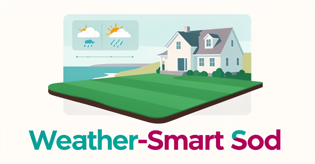 Flat illustration of fresh sod being installed at a coastal home with weather icons and a timeline, accented in teal and magenta.