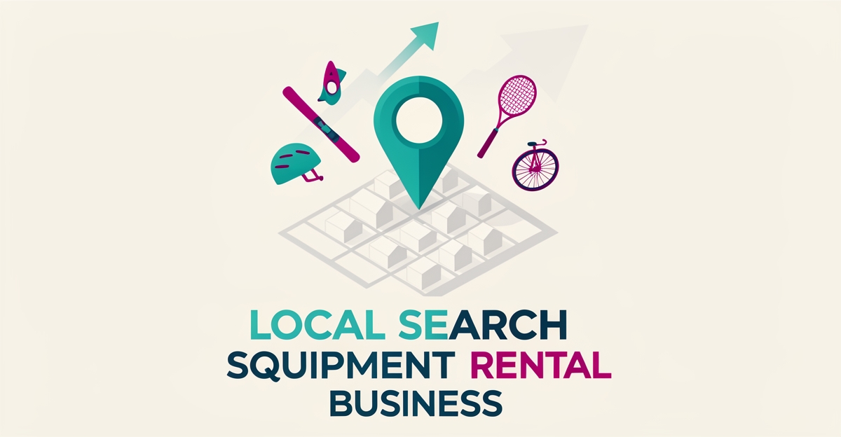 Flat illustration of a map pin rising over a neighborhood grid with sports rental gear icons in teal and magenta, symbolizing local search dominance.