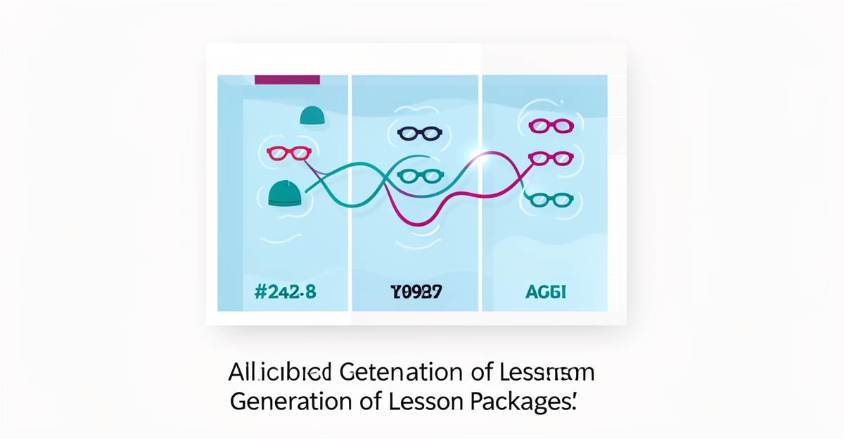 Flat illustration of a pool with AI data stream generating age-specific swim lesson packages using teal and magenta accents.
