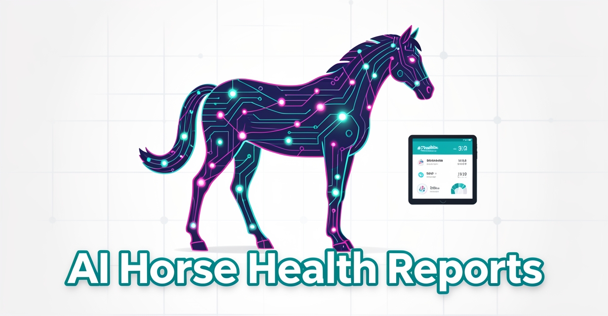 A minimalist flat illustration of a horse made of data lines and AI nodes, with brand color accents, symbolizing automated equine health reporting via AI technology.