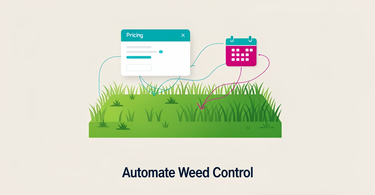 Flat illustration of automated weed control pricing with digital quote cards and scheduling icons in teal and magenta.