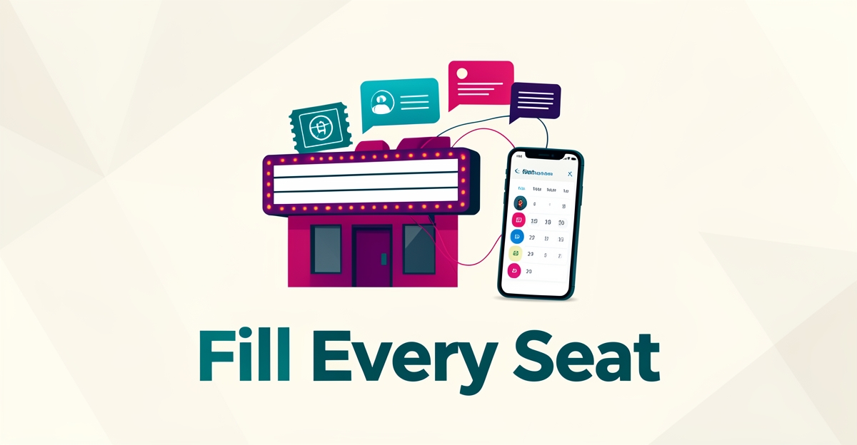 Flat illustration of a theater marquee and smartphone with automated notification bubbles in teal and magenta, headline reading Fill Every Seat.