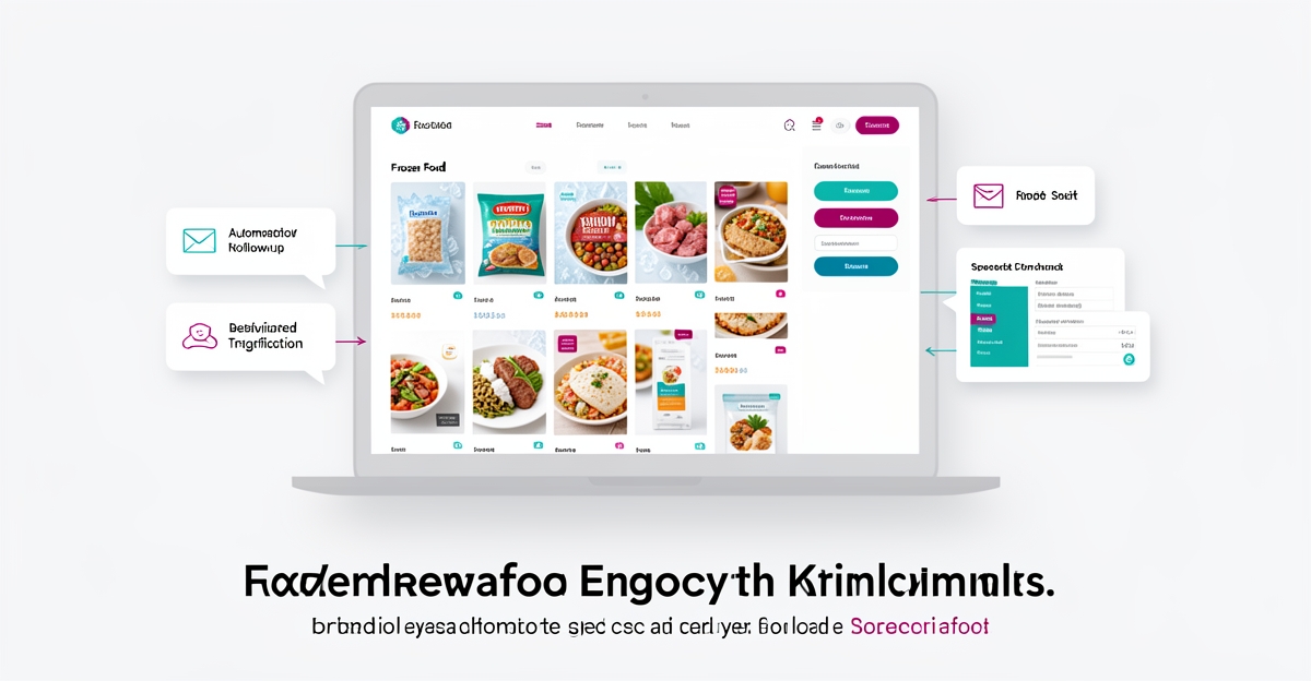Flat illustration of a frozen food website with automated follow-up emails and grocery buyer dashboard using teal and magenta accents.