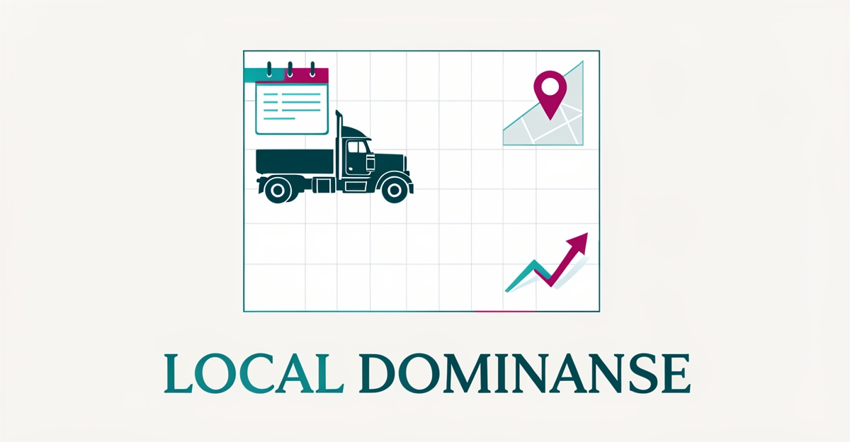 Flat illustration of a calendar, map pin, and truck with search growth chart symbolizing a local truck repair content calendar strategy.