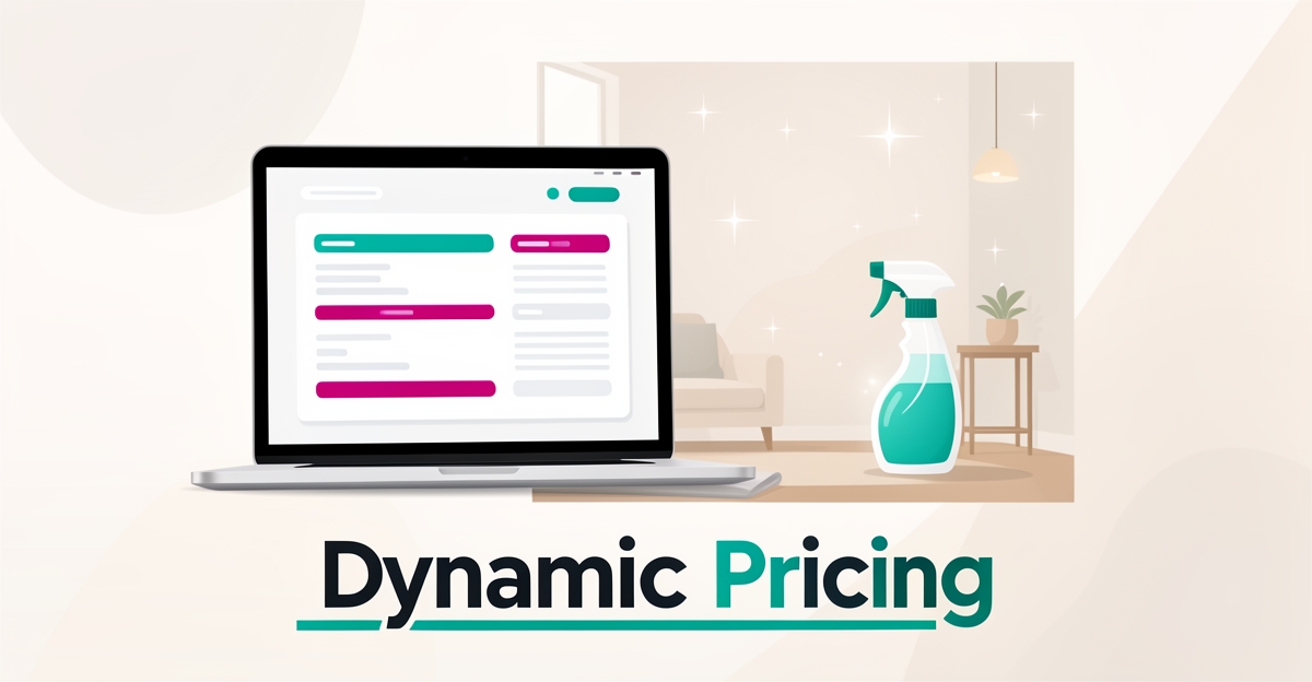 Flat illustration of a laptop showing a dynamic pricing table beside a sparkling clean home in teal and magenta brand colors.