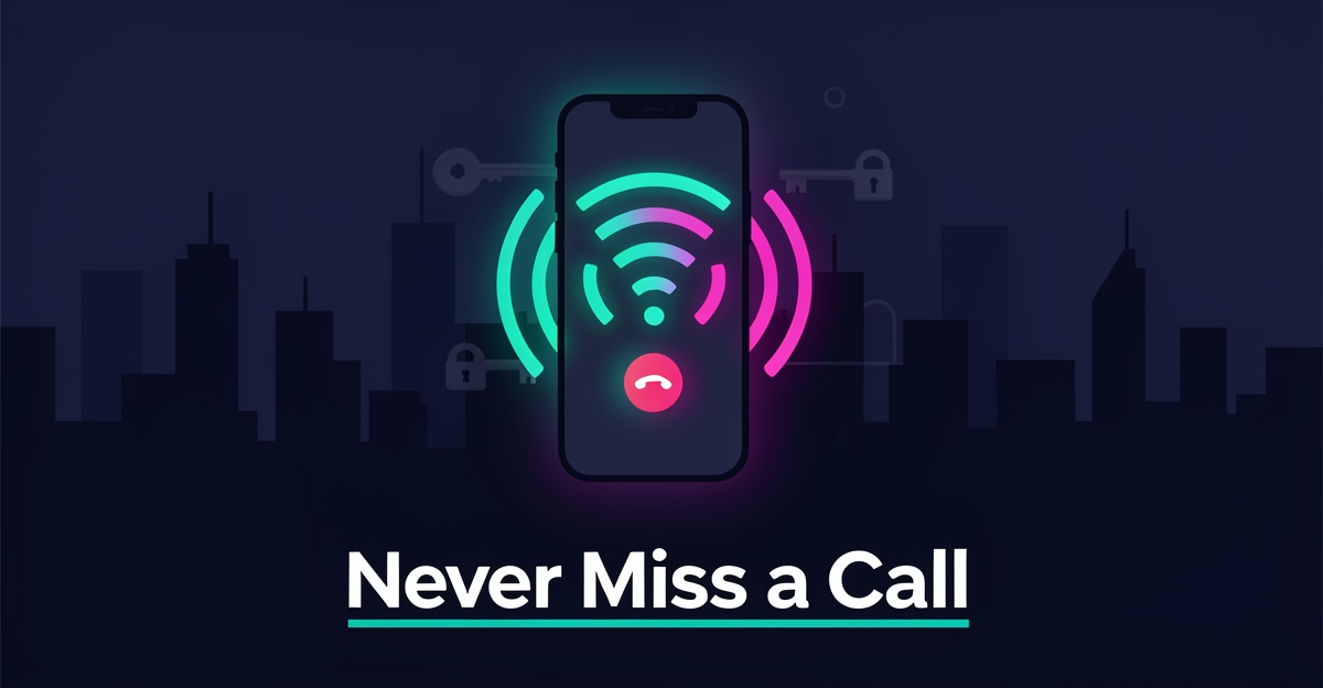 Flat illustration of a smartphone with a glowing emergency call button and signal waves over a night cityscape, accented in teal and magenta.
