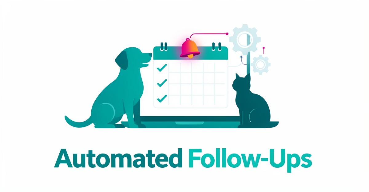 Flat illustration of a dog and cat beside a laptop showing automated dental care reminders, with teal and magenta accents.