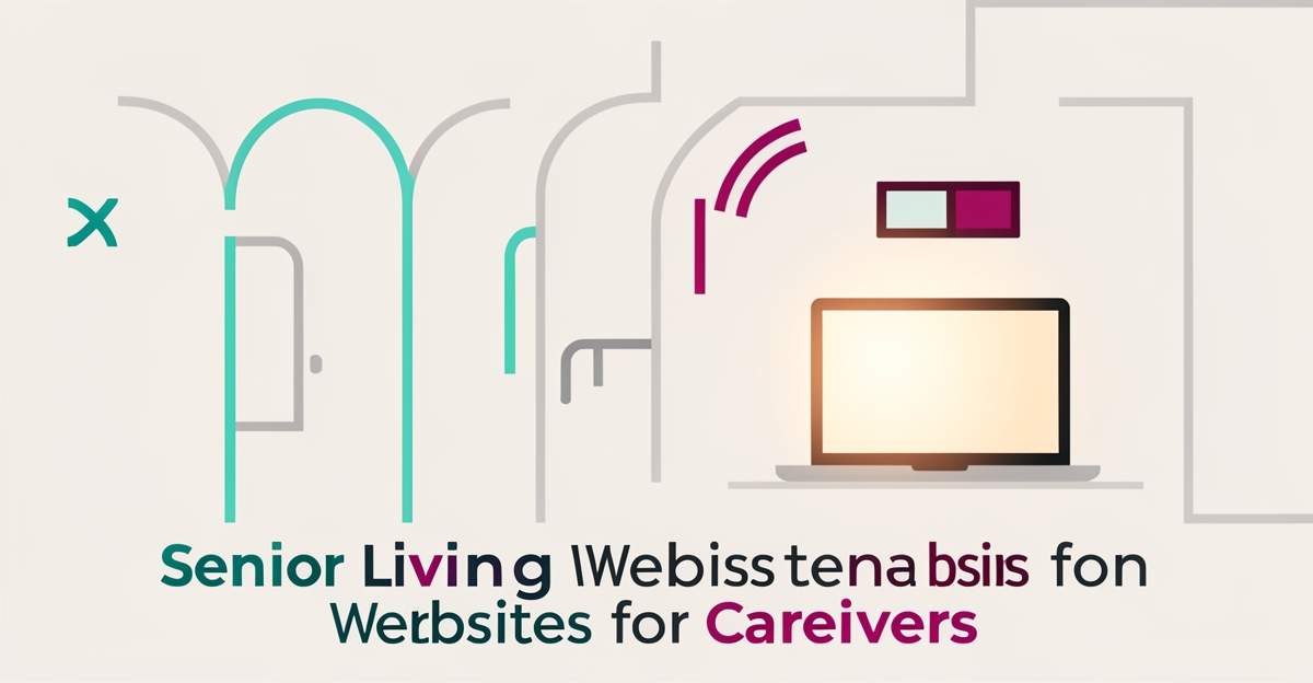 Flat illustration of a senior living home layout emphasizing safety sightlines and caregiver-focused website design with teal and magenta accents.