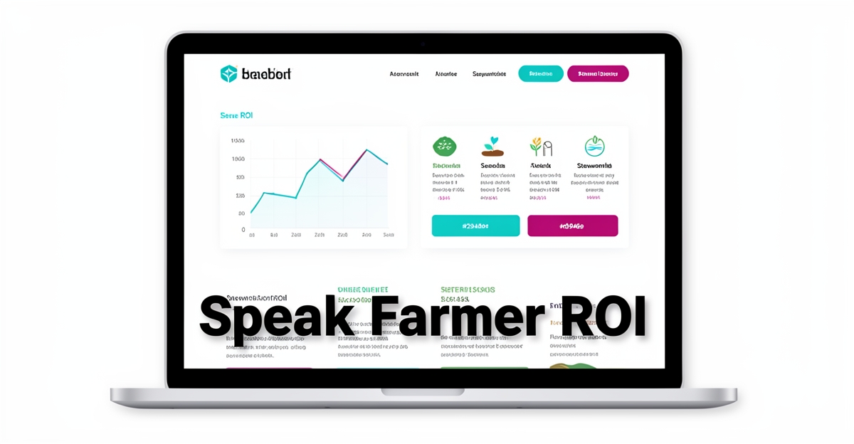 Modern flat illustration of a farm-focused website interface with data-driven design elements and brand-colored accents, featuring the headline 'Speak Farmer ROI' in the lower third.