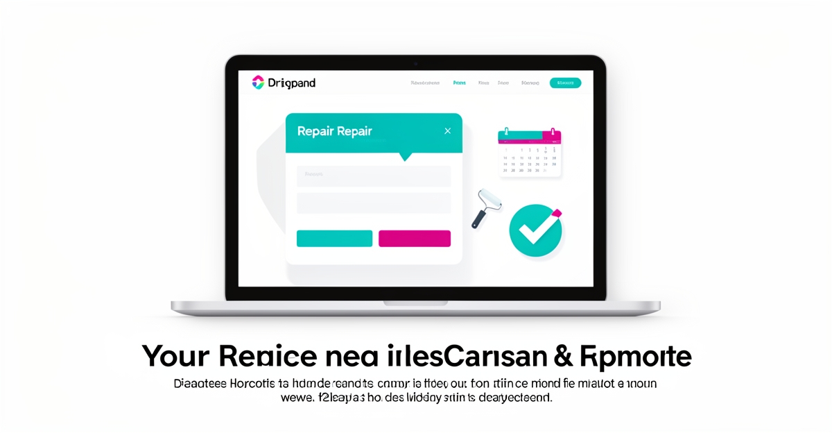 Flat illustration of a website converting drywall repair leads with teal and magenta accents.