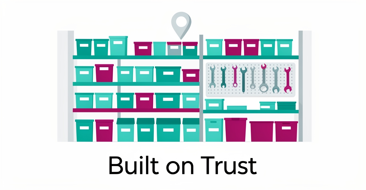 Flat illustration of an organized garage with teal and magenta accents and a location pin, with the headline Built on Trust.