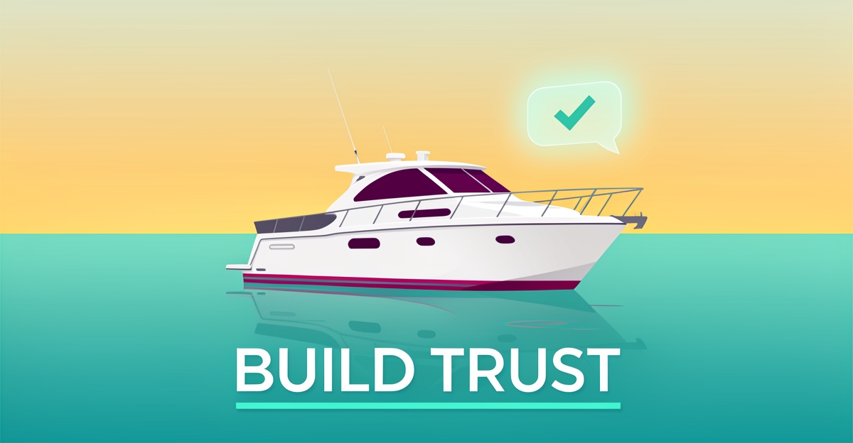 Flat illustration of a charter boat on calm teal water with a glowing AI chat icon, symbolizing trust-building for first-time customers.