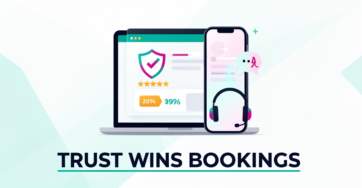 Flat illustration of a travel booking screen with a shield badge, verified reviews, and AI chat icon symbolizing traveler trust.