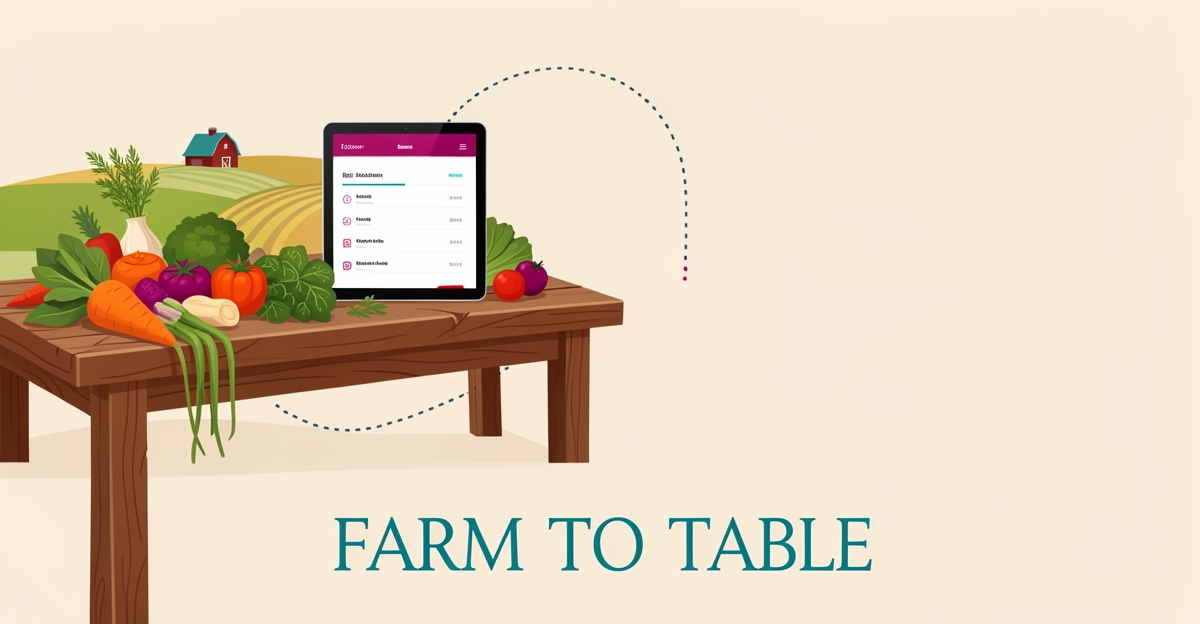 Flat illustration of fresh farm produce on a table beside a tablet menu interface with farmland in the background, accented in teal and magenta.