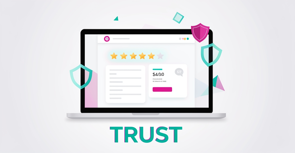Flat illustration of a laptop showing a five-star rated health insurance website with pricing card and AI chat support in teal and magenta.