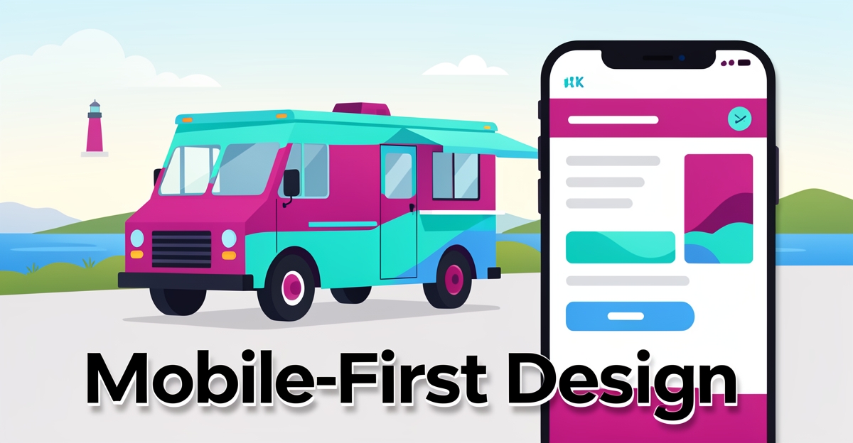 Flat illustration of a Nova Scotia food truck with a mobile phone displaying a website interface, featuring coastal scenery and modern minimalist design.